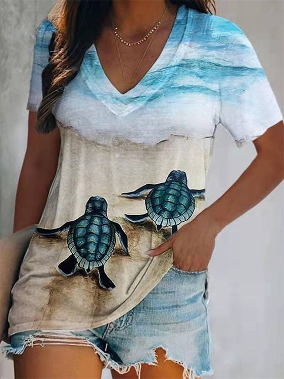 Women's T-Shirts Turtle Print V-Neck Short Sleeve T-Shirt - T-Shirts - Instastyled | Online Fashion Free Shipping Clothing, Dresses, Tops, Shoes - 02/03/2022 - 20-30 - color-multi