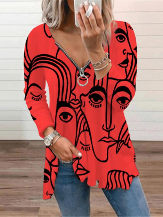 Women's T-Shirts V-Neck Abstract Art Print Long Sleeve T-Shirt - T-Shirts - INS | Online Fashion Free Shipping Clothing, Dresses, Tops, Shoes - 01/09/2021 - 20-30 - Category_T-Shirts