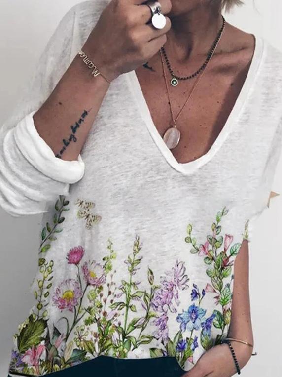 Women's T-Shirts V-Neck Butterfly Floral Print Pullover Long Sleeve T-Shirt - T-Shirts - INS | Online Fashion Free Shipping Clothing, Dresses, Tops, Shoes - 10-20 - 10/09/2021 - Category_T-Shirts