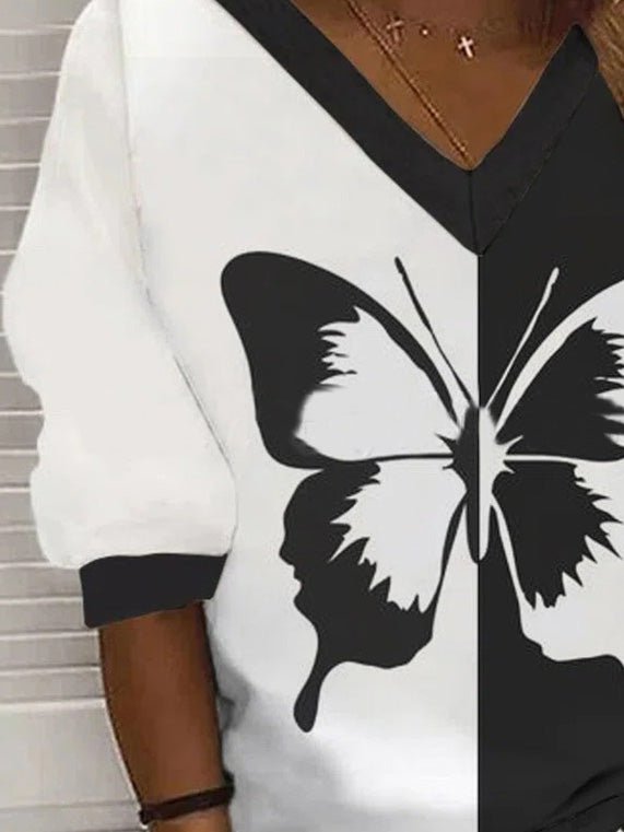 Women's T-Shirts V-Neck Butterfly Print Long Sleeve T-Shirt - T-Shirts - Instastyled | Online Fashion Free Shipping Clothing, Dresses, Tops, Shoes - 11/08/2022 - 20-30 - color-white