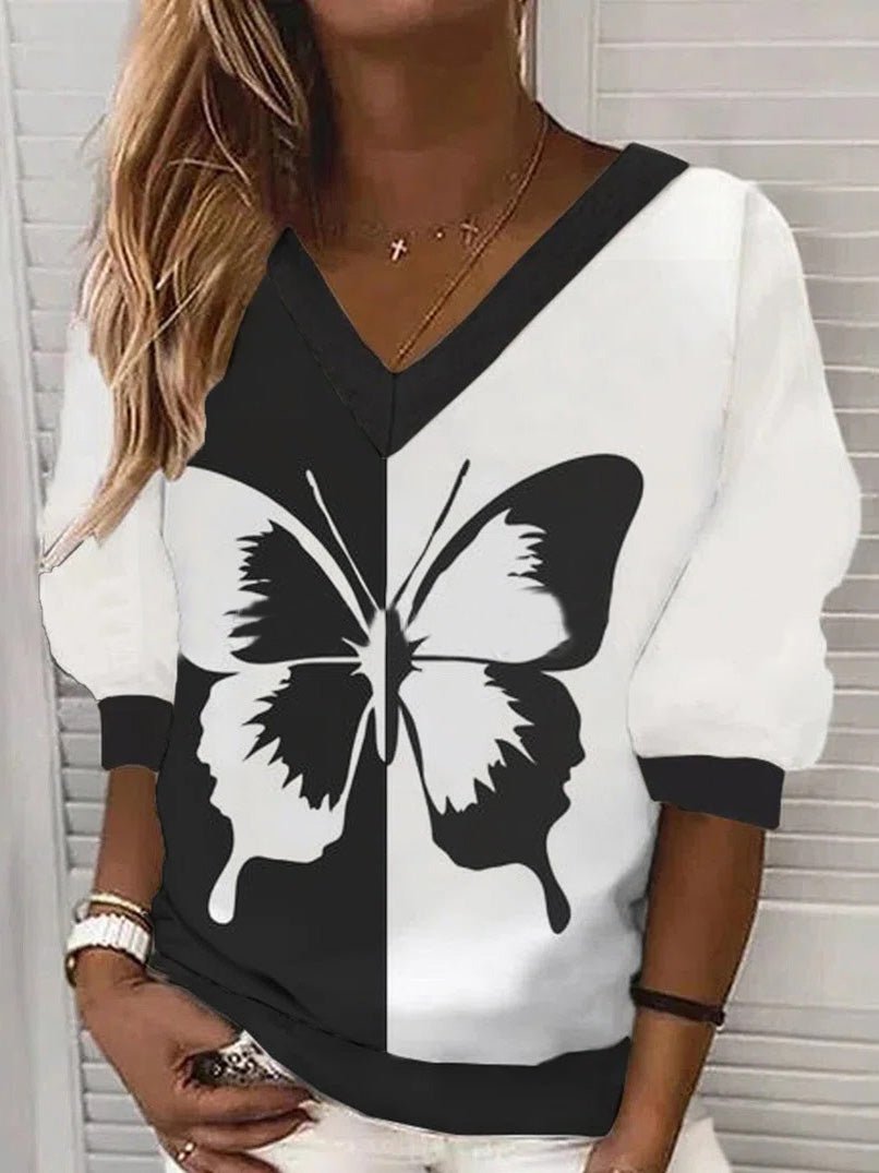 Women's T-Shirts V-Neck Butterfly Print Long Sleeve T-Shirt - T-Shirts - Instastyled | Online Fashion Free Shipping Clothing, Dresses, Tops, Shoes - 11/08/2022 - 20-30 - color-white