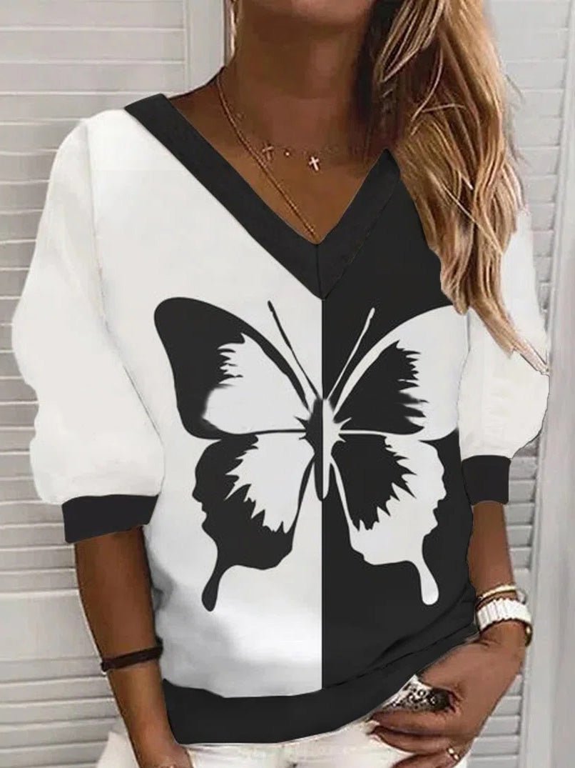 Women's T-Shirts V-Neck Butterfly Print Long Sleeve T-Shirt - T-Shirts - Instastyled | Online Fashion Free Shipping Clothing, Dresses, Tops, Shoes - 11/08/2022 - 20-30 - color-white