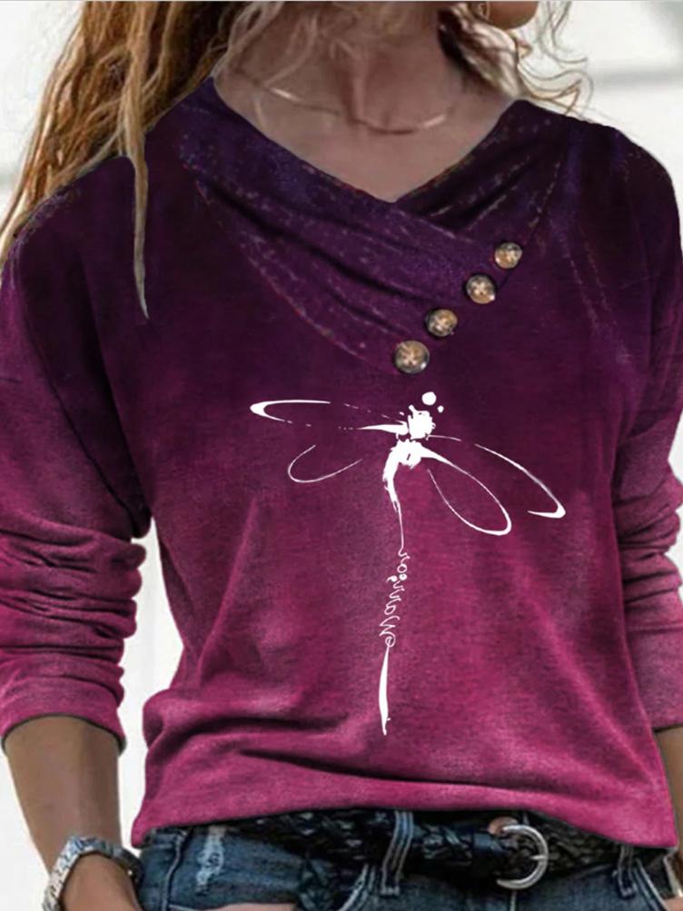 Women's T-Shirts V-Neck Button Dragonfly Print Long Sleeve T-Shirt - T-Shirts - INS | Online Fashion Free Shipping Clothing, Dresses, Tops, Shoes - 17/11/2021 - 20-30 - color-fuchsia