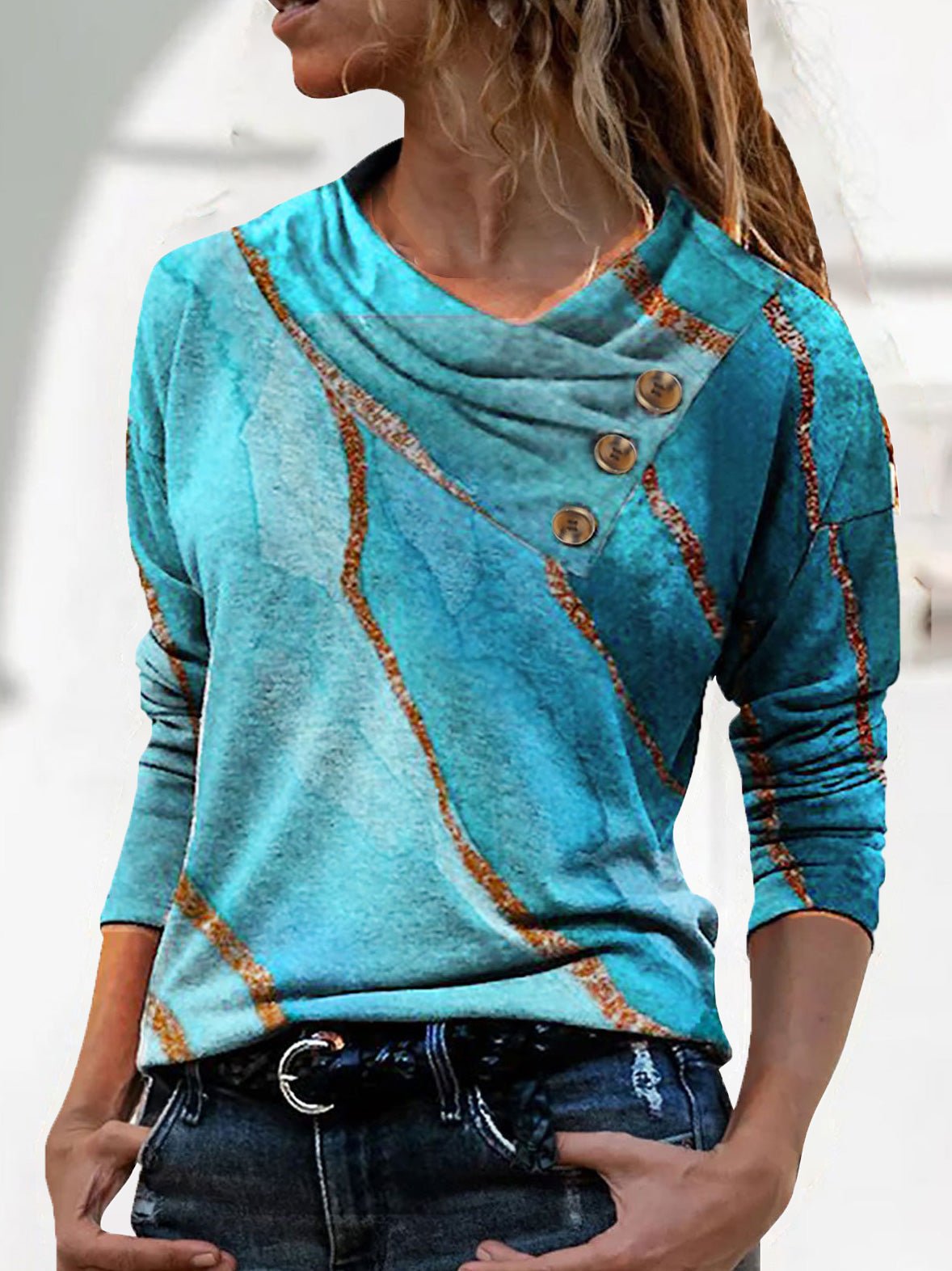 Women's T-Shirts V-Neck Button Print Long Sleeve T-Shirt - T-Shirts - Instastyled | Online Fashion Free Shipping Clothing, Dresses, Tops, Shoes - 05/09/2022 - color-blue - color-dark_blue