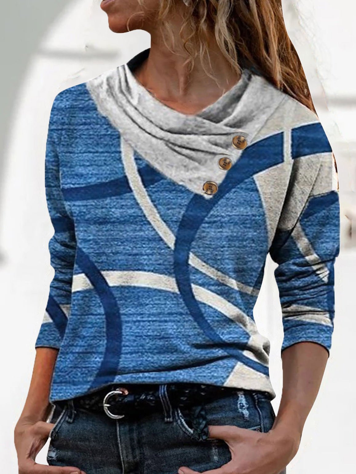 Women's T-Shirts V-Neck Button Print Long Sleeve T-Shirt - T-Shirts - Instastyled | Online Fashion Free Shipping Clothing, Dresses, Tops, Shoes - 05/09/2022 - color-blue - color-dark_blue