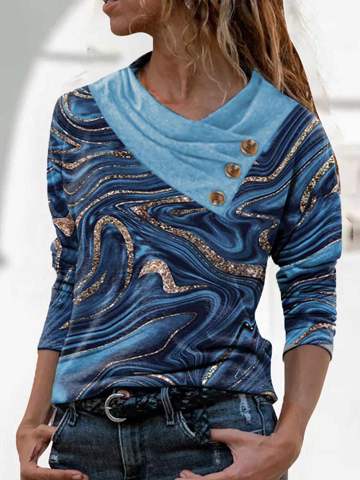 Women's T-Shirts V-Neck Button Print Long Sleeve T-Shirt - T-Shirts - Instastyled | Online Fashion Free Shipping Clothing, Dresses, Tops, Shoes - 05/09/2022 - color-blue - color-dark_blue