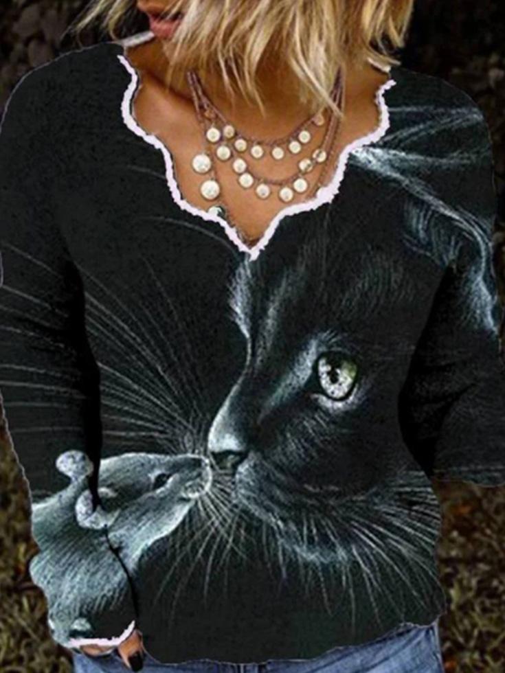 Women's T-Shirts V-Neck Cat And Mouse Print Long Sleeve T-Shirt - T-Shirts - INS | Online Fashion Free Shipping Clothing, Dresses, Tops, Shoes - 13/09/2021 - 20-30 - Category_T-Shirts