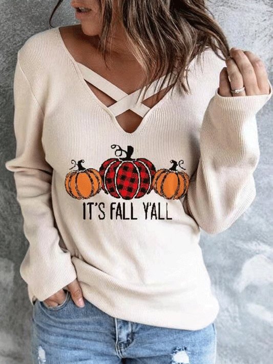 Women's T-Shirts V-Neck Cross Pumpkin Long Sleeve T-Shirt - T-Shirts - INS | Online Fashion Free Shipping Clothing, Dresses, Tops, Shoes - 09/10/2021 - 20-30 - color-apricot