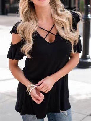 Women's T-Shirts V-Neck Crossover Off-Shoulder Short Sleeve T-Shirt - T-Shirts - Instastyled | Online Fashion Free Shipping Clothing, Dresses, Tops, Shoes - 20-30 - 26/04/2022 - color-black