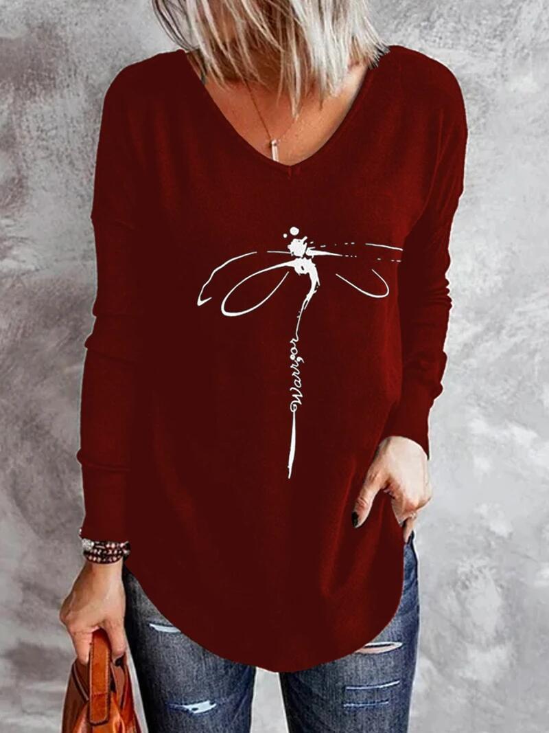 Women's T-Shirts V-Neck Dragonfly Print Long Sleeve T-Shirt - T-Shirts - INS | Online Fashion Free Shipping Clothing, Dresses, Tops, Shoes - 10-20 - 10/09/2021 - Category_T-Shirts