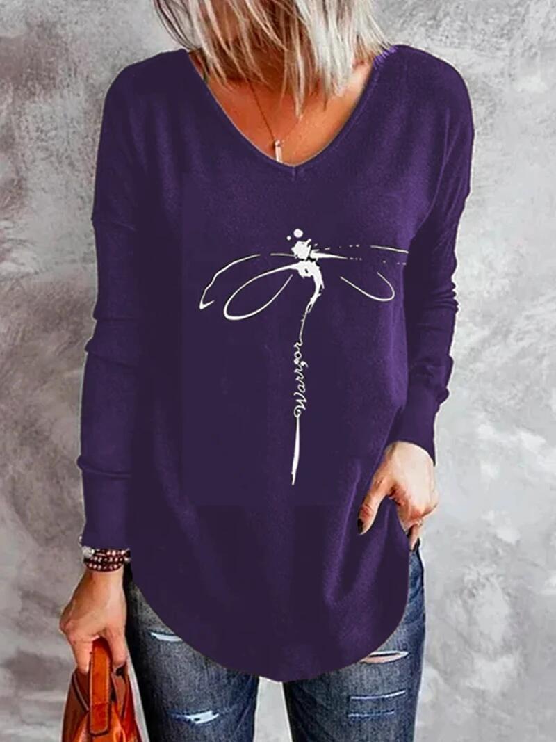 Women's T-Shirts V-Neck Dragonfly Print Long Sleeve T-Shirt - T-Shirts - INS | Online Fashion Free Shipping Clothing, Dresses, Tops, Shoes - 10-20 - 10/09/2021 - Category_T-Shirts