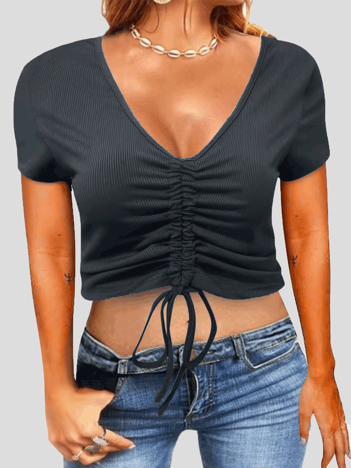 Women's T-Shirts V-Neck Drawstring Slim Fit Short Sleeve T-Shirt - T-Shirts - Instastyled | Online Fashion Free Shipping Clothing, Dresses, Tops, Shoes - 10-20 - 10/01/2022 - color-black