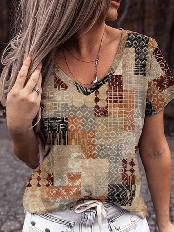 Women's T-Shirts V-Neck Geometric Print Short Sleeve T-Shirt - T-Shirts - Instastyled | Online Fashion Free Shipping Clothing, Dresses, Tops, Shoes - 20-30 - 22/02/2022 - color-camel