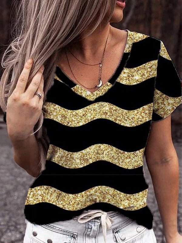 Women's T-Shirts V-Neck Geometric Print Short Sleeve T-Shirt - T-Shirts - Instastyled | Online Fashion Free Shipping Clothing, Dresses, Tops, Shoes - 20-30 - 22/02/2022 - color-camel