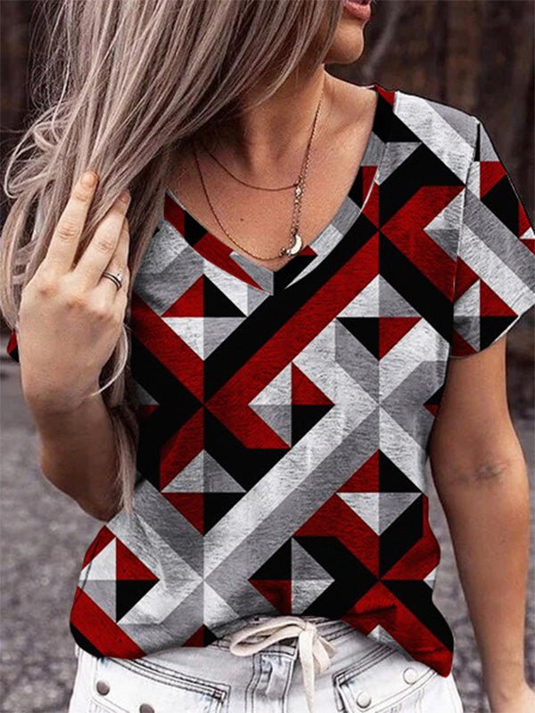 Women's T-Shirts V-Neck Geometric Print Short Sleeve T-Shirt - T-Shirts - Instastyled | Online Fashion Free Shipping Clothing, Dresses, Tops, Shoes - 20-30 - 22/02/2022 - color-camel