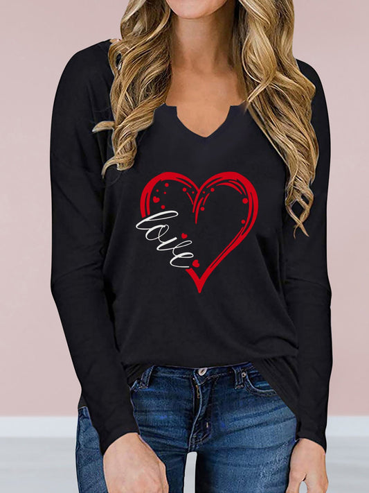 Women's T-Shirts V-Neck Heart-Print Long Sleeve T-Shirt - T-Shirts - Instastyled | Online Fashion Free Shipping Clothing, Dresses, Tops, Shoes - 16/02/2022 - 20-30 - color-black