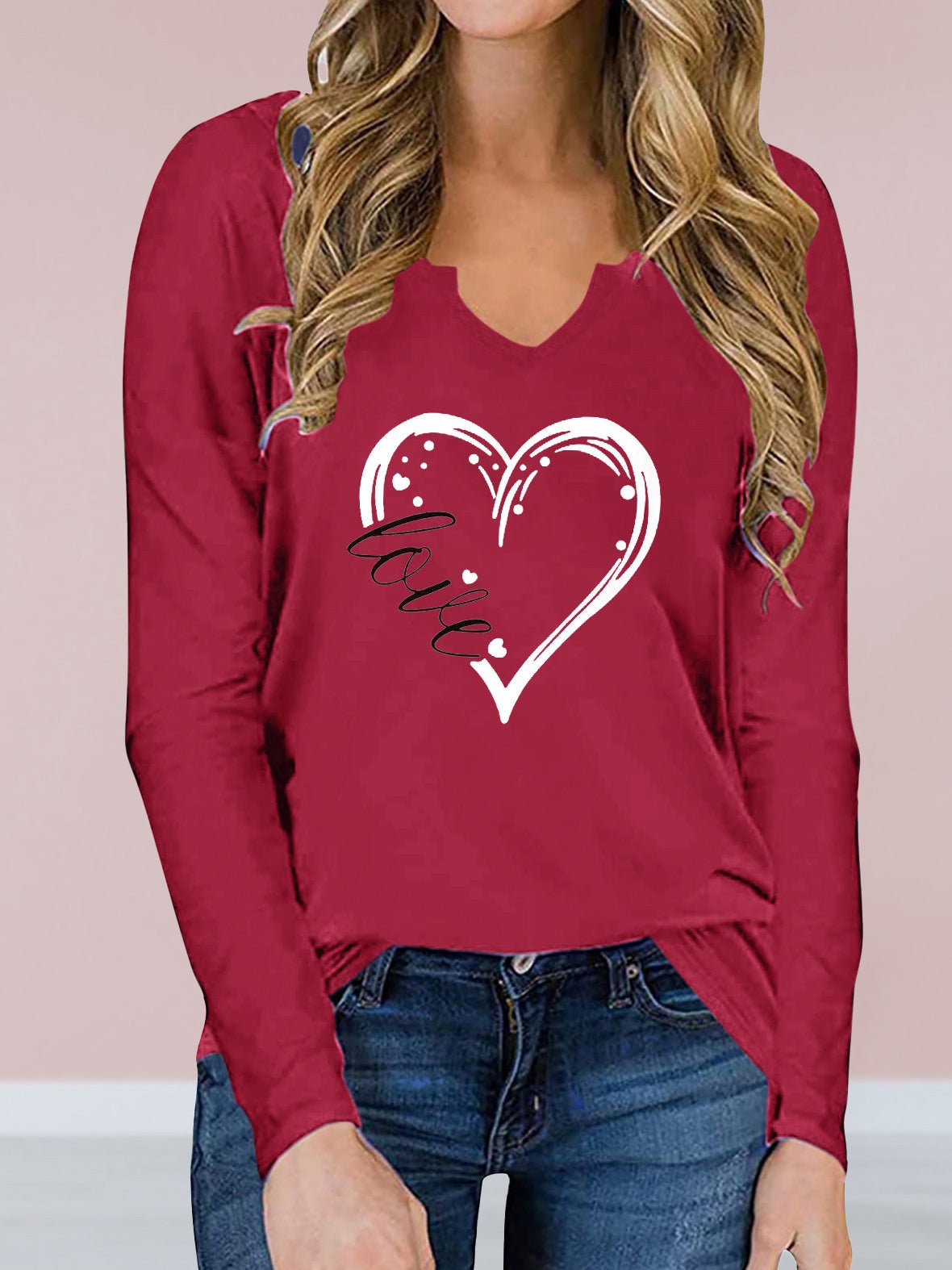 Women's T-Shirts V-Neck Heart-Print Long Sleeve T-Shirt - T-Shirts - Instastyled | Online Fashion Free Shipping Clothing, Dresses, Tops, Shoes - 16/02/2022 - 20-30 - color-black