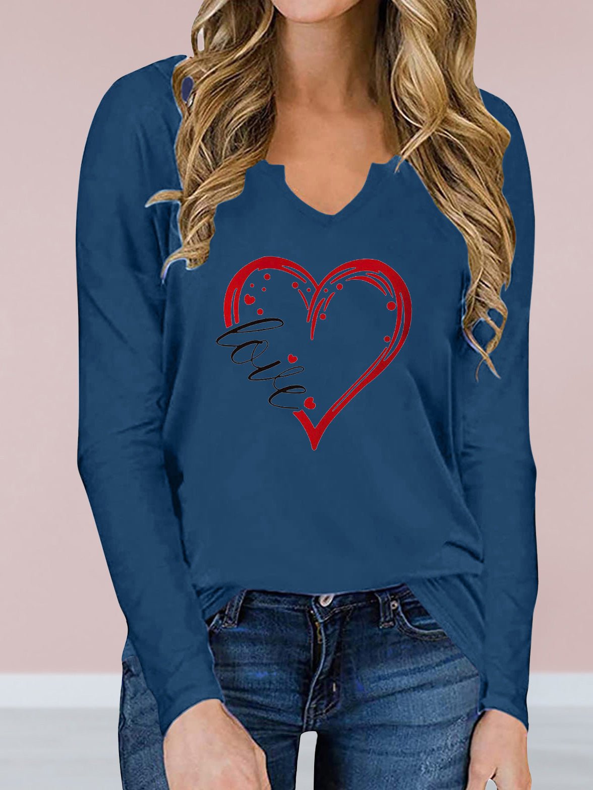 Women's T-Shirts V-Neck Heart-Print Long Sleeve T-Shirt - T-Shirts - Instastyled | Online Fashion Free Shipping Clothing, Dresses, Tops, Shoes - 16/02/2022 - 20-30 - color-black