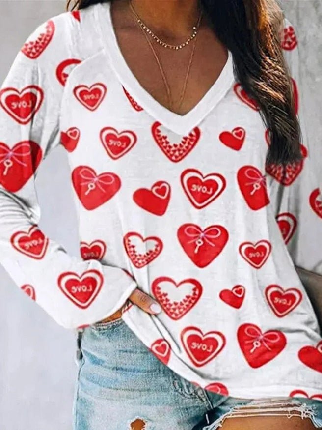 Women's T-Shirts V-Neck Heart Print Long Sleeve T-Shirt - T-Shirts - Instastyled | Online Fashion Free Shipping Clothing, Dresses, Tops, Shoes - 20-30 - 22/02/2022 - color-white