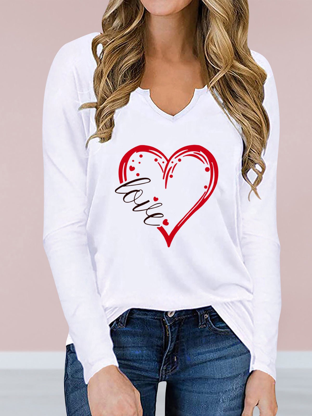 Women's T-Shirts V-Neck Heart-Print Long Sleeve T-Shirt - T-Shirts - Instastyled | Online Fashion Free Shipping Clothing, Dresses, Tops, Shoes - 16/02/2022 - 20-30 - color-black