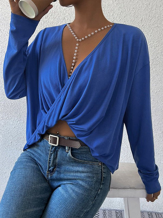 Women's T-Shirts V-Neck Irregular Long Sleeve T-Shirt - T-Shirts - Instastyled | Online Fashion Free Shipping Clothing, Dresses, Tops, Shoes - 16/08/2022 - 20-30 - color-blue