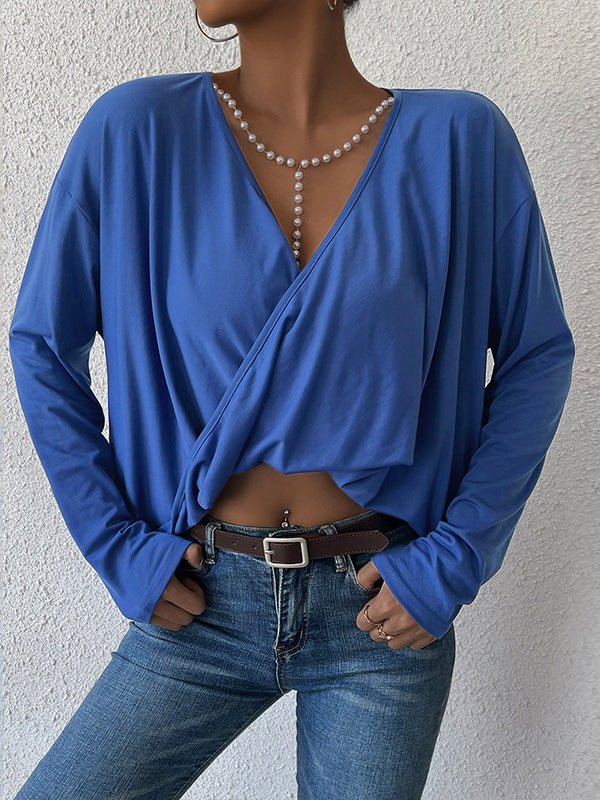 Women's T-Shirts V-Neck Irregular Long Sleeve T-Shirt - T-Shirts - Instastyled | Online Fashion Free Shipping Clothing, Dresses, Tops, Shoes - 16/08/2022 - 20-30 - color-blue