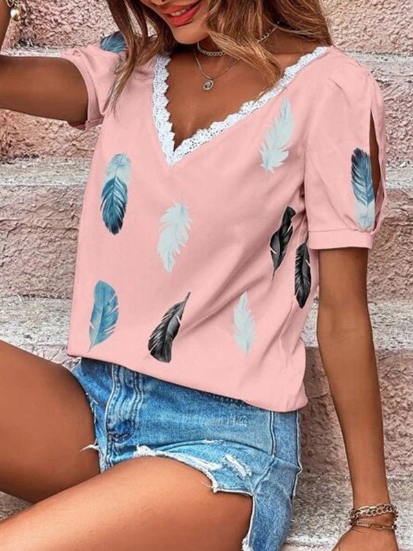 Women's T-Shirts V-Neck Lace Feather Print Short Sleeve T-Shirt - T-Shirts - Instastyled | Online Fashion Free Shipping Clothing, Dresses, Tops, Shoes - 10/06/2022 - Color_Pink - Color_White