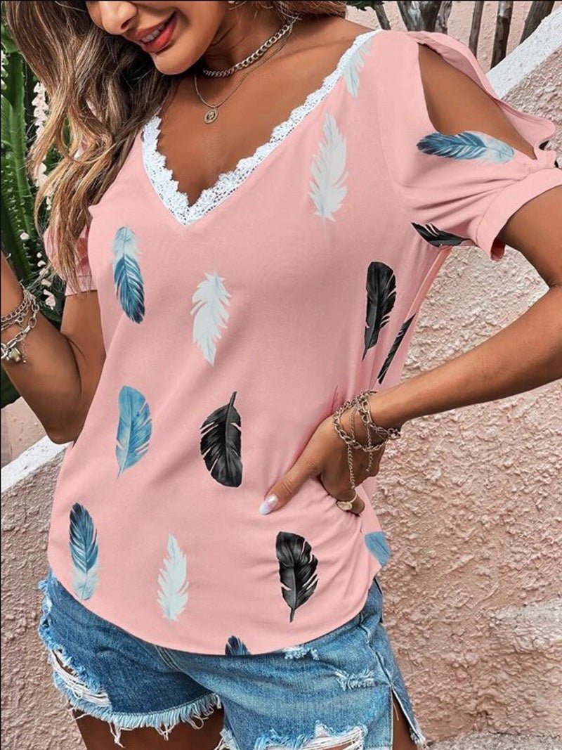 Women's T-Shirts V-Neck Lace Feather Print Short Sleeve T-Shirt - T-Shirts - Instastyled | Online Fashion Free Shipping Clothing, Dresses, Tops, Shoes - 10/06/2022 - Color_Pink - Color_White