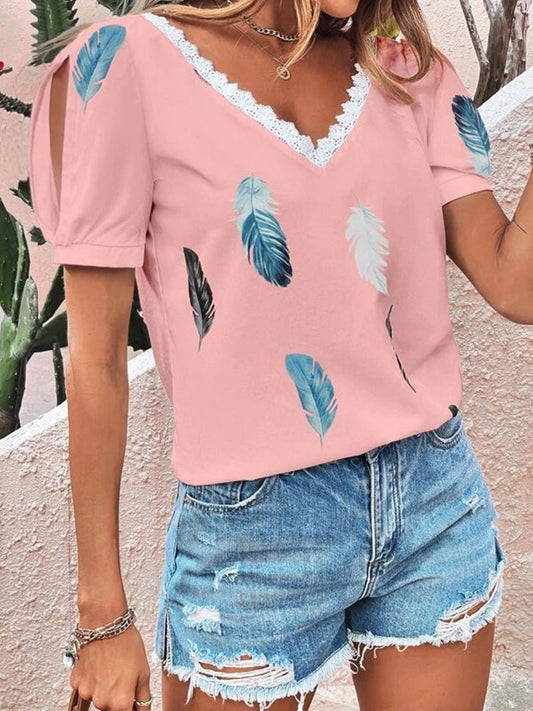 Women's T-Shirts V-Neck Lace Feather Print Short Sleeve T-Shirt - T-Shirts - Instastyled | Online Fashion Free Shipping Clothing, Dresses, Tops, Shoes - 10/06/2022 - Color_Pink - Color_White