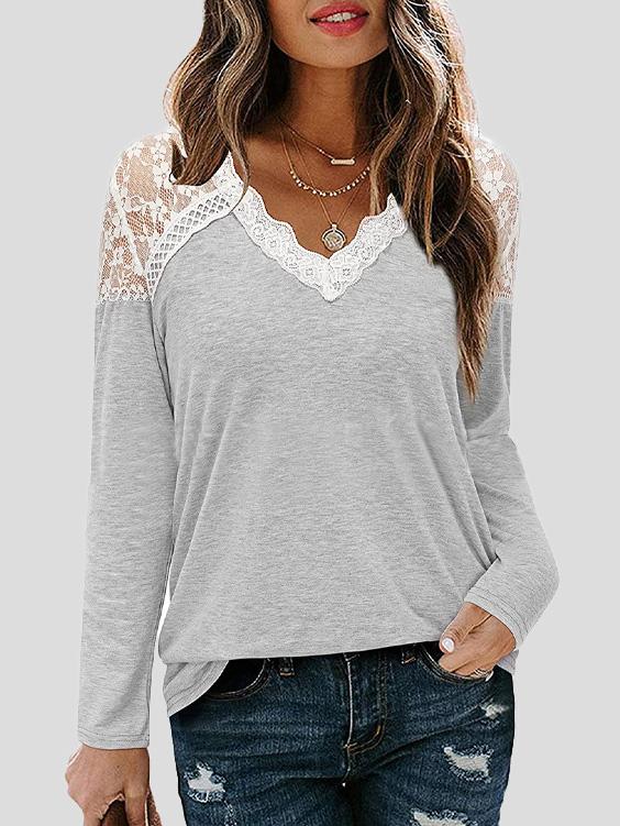 Women's T-Shirts V-Neck Lace Long Sleeve Casual T-Shirt - T-Shirts - INS | Online Fashion Free Shipping Clothing, Dresses, Tops, Shoes - 19/11/2021 - 20-30 - color-black