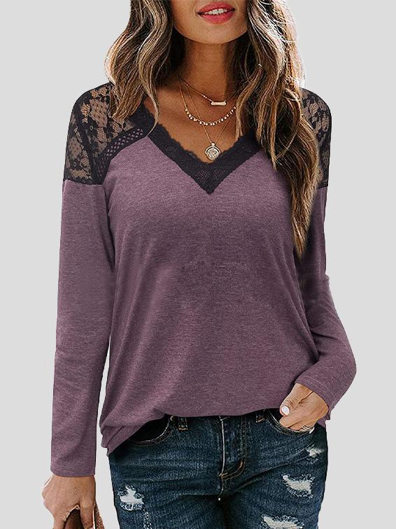 Women's T-Shirts V-Neck Lace Long Sleeve Casual T-Shirt - T-Shirts - INS | Online Fashion Free Shipping Clothing, Dresses, Tops, Shoes - 19/11/2021 - 20-30 - color-black