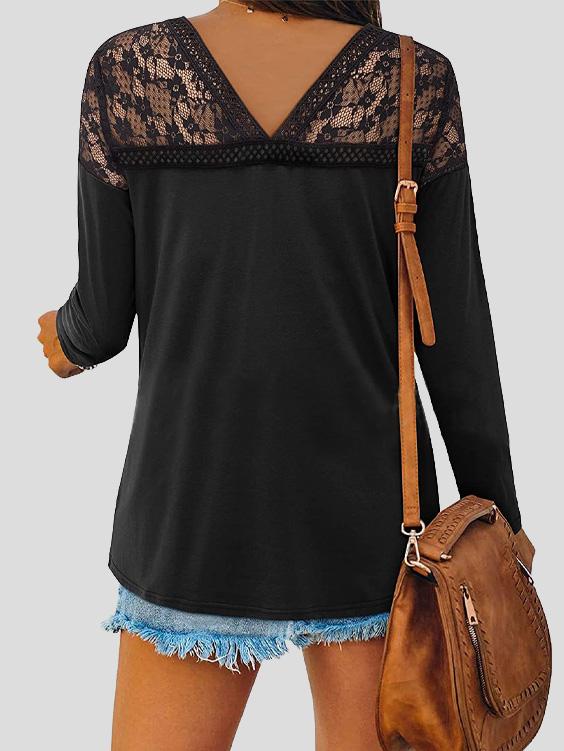 Women's T-Shirts V-Neck Lace Long Sleeve Casual T-Shirt - T-Shirts - INS | Online Fashion Free Shipping Clothing, Dresses, Tops, Shoes - 19/11/2021 - 20-30 - color-black