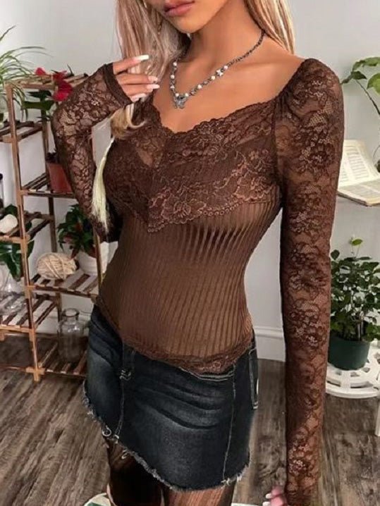 Women's T-Shirts V-Neck Lace Long Sleeve Slim Fit T-Shirt - T-Shirts - Instastyled | Online Fashion Free Shipping Clothing, Dresses, Tops, Shoes - 23/09/2022 - 30-40 - color-coffee