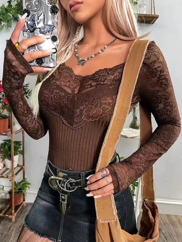 Women's T-Shirts V-Neck Lace Long Sleeve Slim Fit T-Shirt - T-Shirts - Instastyled | Online Fashion Free Shipping Clothing, Dresses, Tops, Shoes - 23/09/2022 - 30-40 - color-coffee