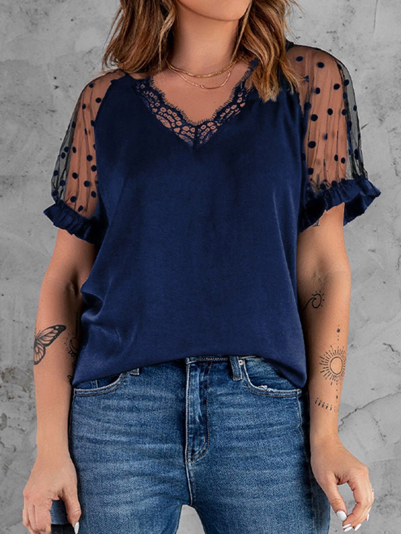 Women's T-Shirts V-Neck Lace Mesh Short Sleeve T-Shirt - T-Shirts - Instastyled | Online Fashion Free Shipping Clothing, Dresses, Tops, Shoes - 20-30 - 24/05/2022 - color-apricot