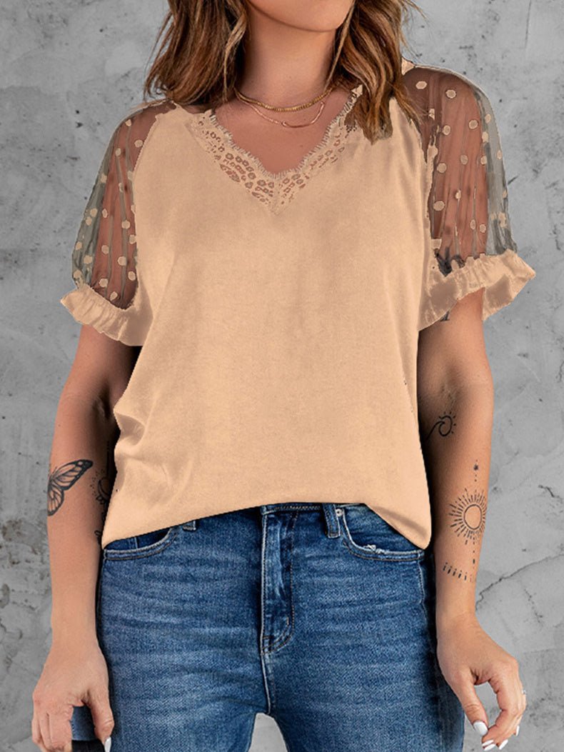 Women's T-Shirts V-Neck Lace Mesh Short Sleeve T-Shirt - T-Shirts - Instastyled | Online Fashion Free Shipping Clothing, Dresses, Tops, Shoes - 20-30 - 24/05/2022 - color-apricot