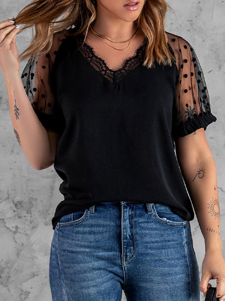 Women's T-Shirts V-Neck Lace Mesh Short Sleeve T-Shirt - T-Shirts - Instastyled | Online Fashion Free Shipping Clothing, Dresses, Tops, Shoes - 20-30 - 24/05/2022 - color-apricot