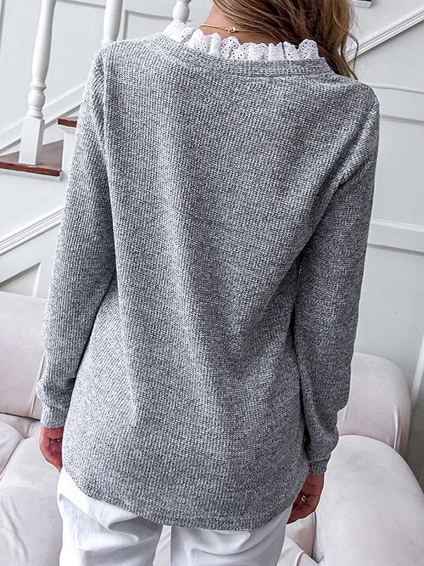 Women's T-Shirts V-Neck Lace Pullover Long Sleeve T-Shirt - T-Shirts - INS | Online Fashion Free Shipping Clothing, Dresses, Tops, Shoes - 19/10/2021 - 20-30 - color-gray