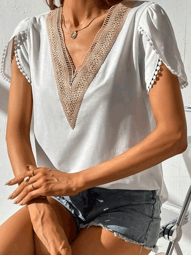 Women's T-Shirts V-Neck Lace Short Sleeve T-Shirt - T-Shirts - Instastyled | Online Fashion Free Shipping Clothing, Dresses, Tops, Shoes - 01/06/2022 - 20-30 - color-white