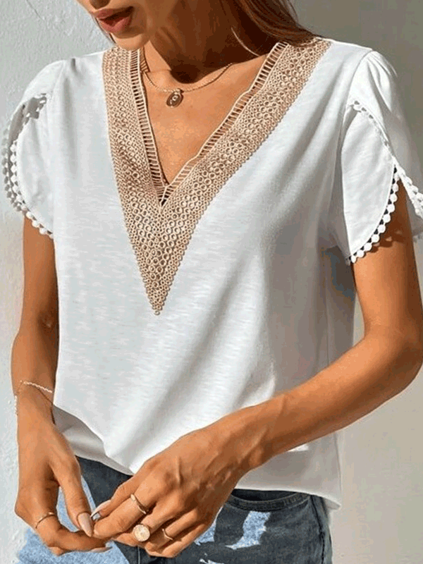 Women's T-Shirts V-Neck Lace Short Sleeve T-Shirt - T-Shirts - Instastyled | Online Fashion Free Shipping Clothing, Dresses, Tops, Shoes - 01/06/2022 - 20-30 - color-white