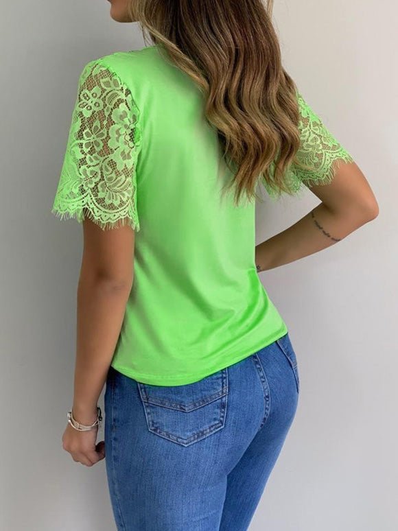 Women's T-Shirts V-Neck Lace Stitching Short Sleeve T-Shirt - T-Shirts - Instastyled | Online Fashion Free Shipping Clothing, Dresses, Tops, Shoes - 10/06/2022 - Color_Green - Color_Orange