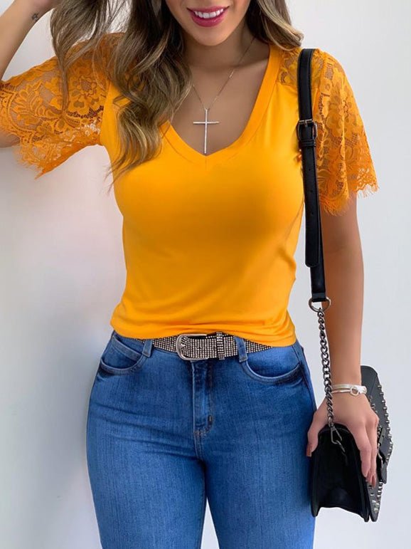 Women's T-Shirts V-Neck Lace Stitching Short Sleeve T-Shirt - T-Shirts - Instastyled | Online Fashion Free Shipping Clothing, Dresses, Tops, Shoes - 10/06/2022 - Color_Green - Color_Orange