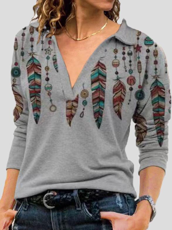 Women's T-Shirts V-Neck Lapel Printed Long Sleeve T-Shirt - T-Shirts - INS | Online Fashion Free Shipping Clothing, Dresses, Tops, Shoes - 10-20 - 10/08/2021 - Category_T-Shirts