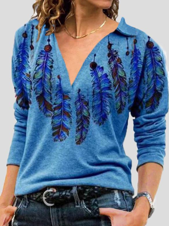 Women's T-Shirts V-Neck Lapel Printed Long Sleeve T-Shirt - T-Shirts - INS | Online Fashion Free Shipping Clothing, Dresses, Tops, Shoes - 10-20 - 10/08/2021 - Category_T-Shirts