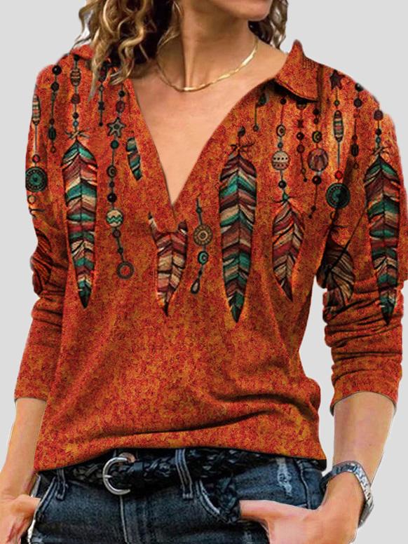 Women's T-Shirts V-Neck Lapel Printed Long Sleeve T-Shirt - T-Shirts - INS | Online Fashion Free Shipping Clothing, Dresses, Tops, Shoes - 10-20 - 10/08/2021 - Category_T-Shirts