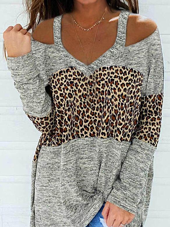 Women's T-Shirts V-Neck Leopard Off-Shoulder Long Sleeve T-Shirt - T-Shirts - Instastyled | Online Fashion Free Shipping Clothing, Dresses, Tops, Shoes - 14/12/2021 - 20-30 - color-gray