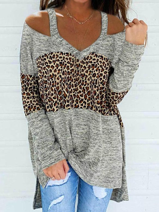 Women's T-Shirts V-Neck Leopard Off-Shoulder Long Sleeve T-Shirt - T-Shirts - Instastyled | Online Fashion Free Shipping Clothing, Dresses, Tops, Shoes - 14/12/2021 - 20-30 - color-gray