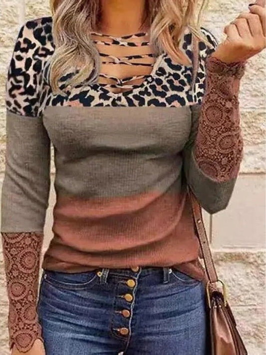 Women's T-Shirts V-Neck Leopard Print Lace Chest Cross Long Sleeve T-Shirt - T-Shirts - Instastyled | Online Fashion Free Shipping Clothing, Dresses, Tops, Shoes - 05/01/2022 - 20-30 - color-dark_gray