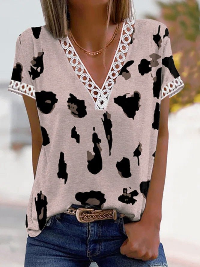 Women's T-Shirts V-Neck Leopard Print Lace Short Sleeve T-Shirt - T-Shirts - Instastyled | Online Fashion Free Shipping Clothing, Dresses, Tops, Shoes - 20-30 - 22/06/2022 - color-blue