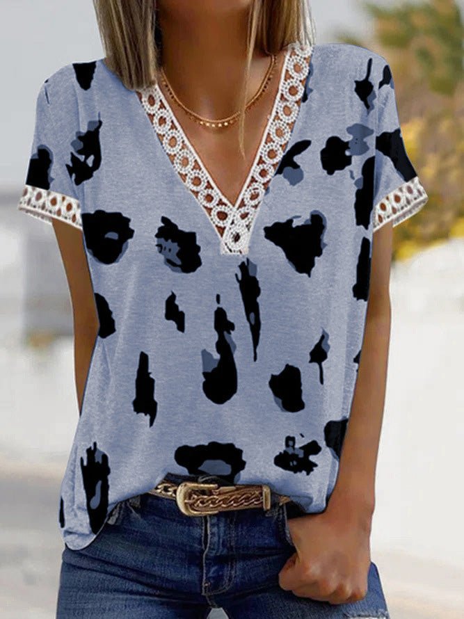 Women's T-Shirts V-Neck Leopard Print Lace Short Sleeve T-Shirt - T-Shirts - Instastyled | Online Fashion Free Shipping Clothing, Dresses, Tops, Shoes - 20-30 - 22/06/2022 - color-blue